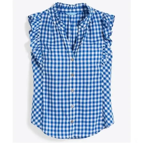 NWT Draper James blue gingham sleeveless ruffle detail button down blouse top - Picture 2 of 13